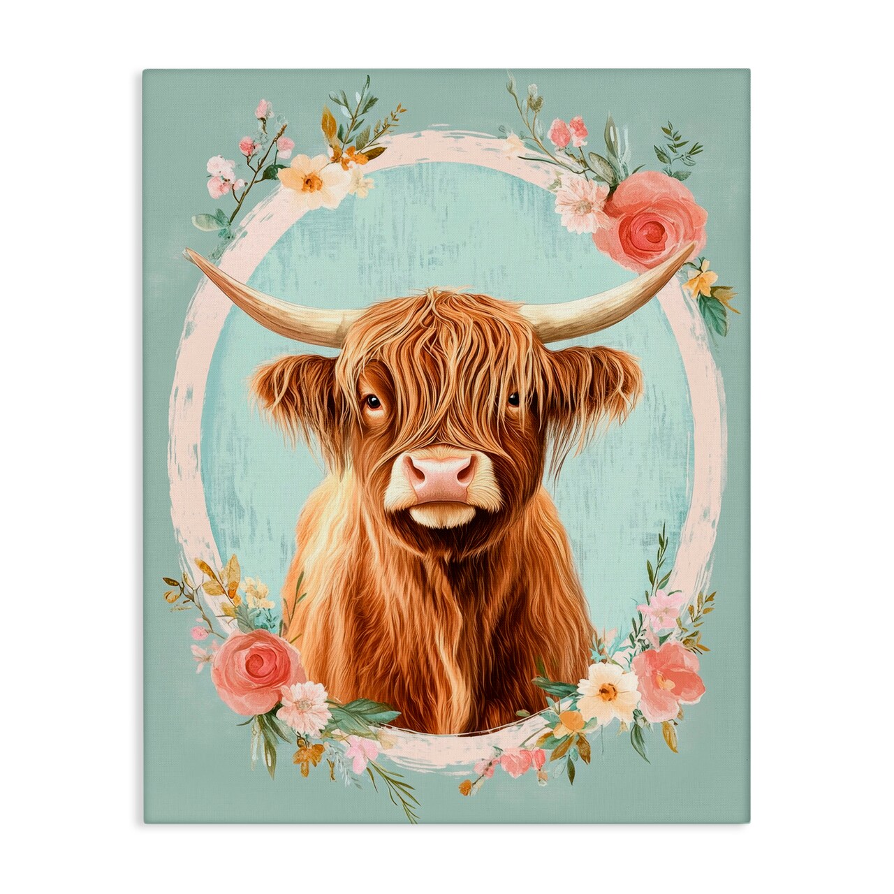 Stupell Industries Highland Cow In Floral Border Canvas, design by Petal Prints Design